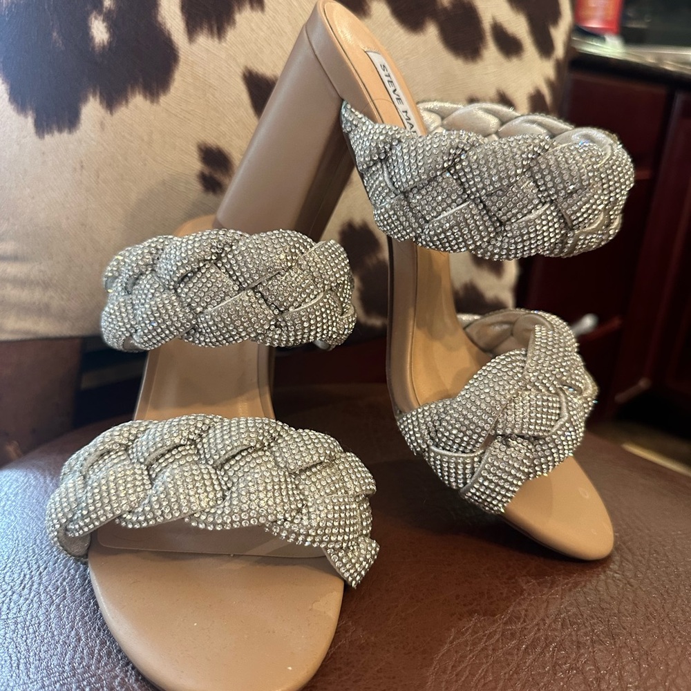 Steve Madden Silver Braided Crystal Strap Block Heel Sandals